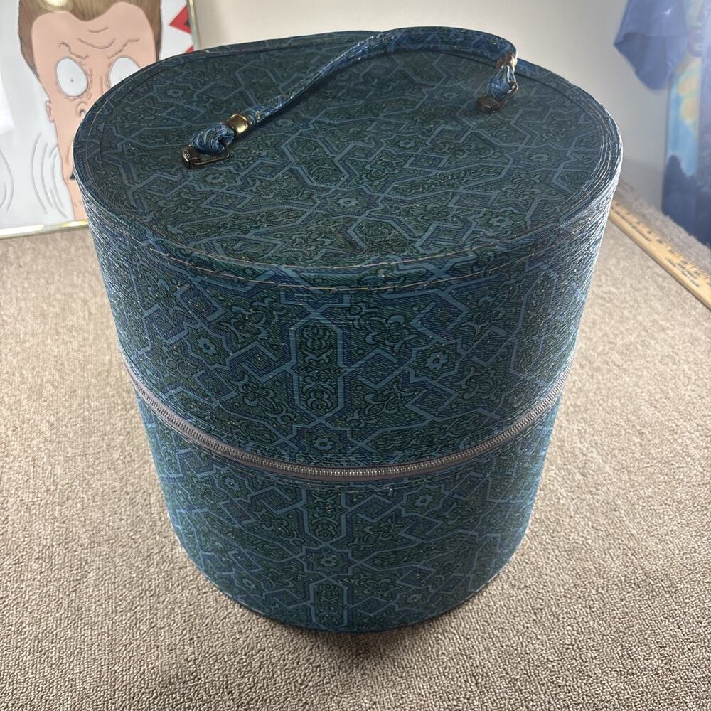 Rare 1950s Vintage Round Hat Box Blue Teal Geometric Atomic Print Zipper Case